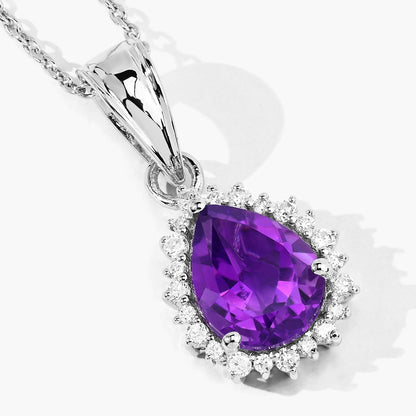 2.10 Ct Pear Purple Amethyst & Lab Diamond Prong Silver Halo Teardrop Pendant Necklace