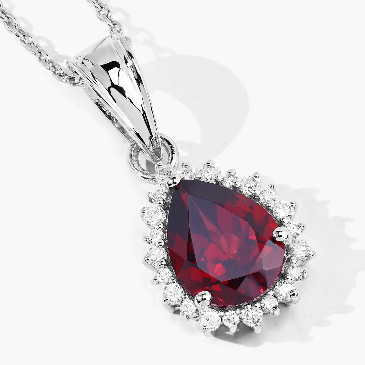2.45 Ct Pear Red Mozambique Garnet & Lab Diamond Prong Silver Halo Teardrop Pendant Necklace