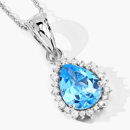 2.60 Ct Pear Swiss Blue Topaz & Lab Diamond Prong Silver Halo Teardrop Pendant Necklace