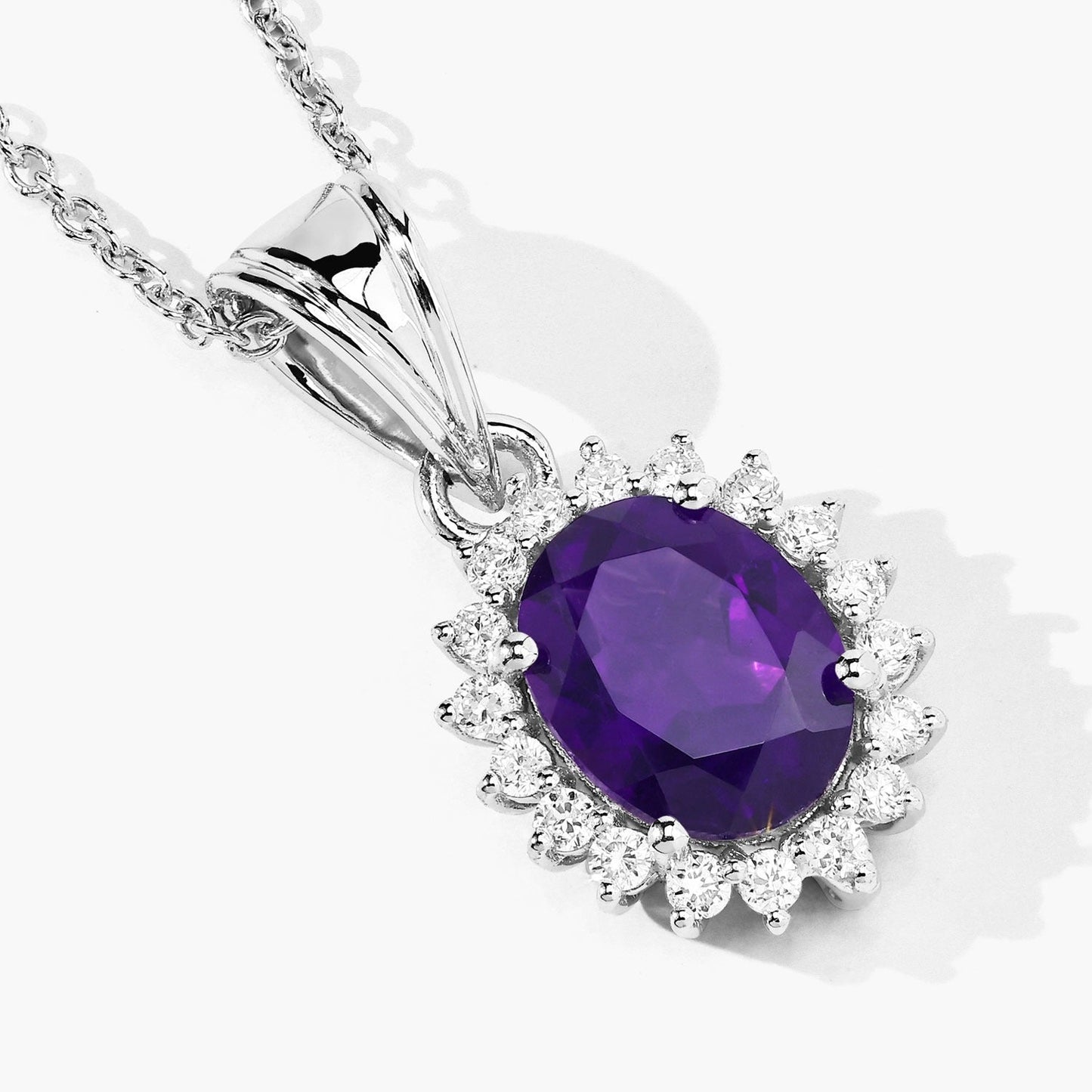 1.60 Ct Oval Purple Amethyst & Lab Diamond Prong Silver Halo Pendant Necklace
