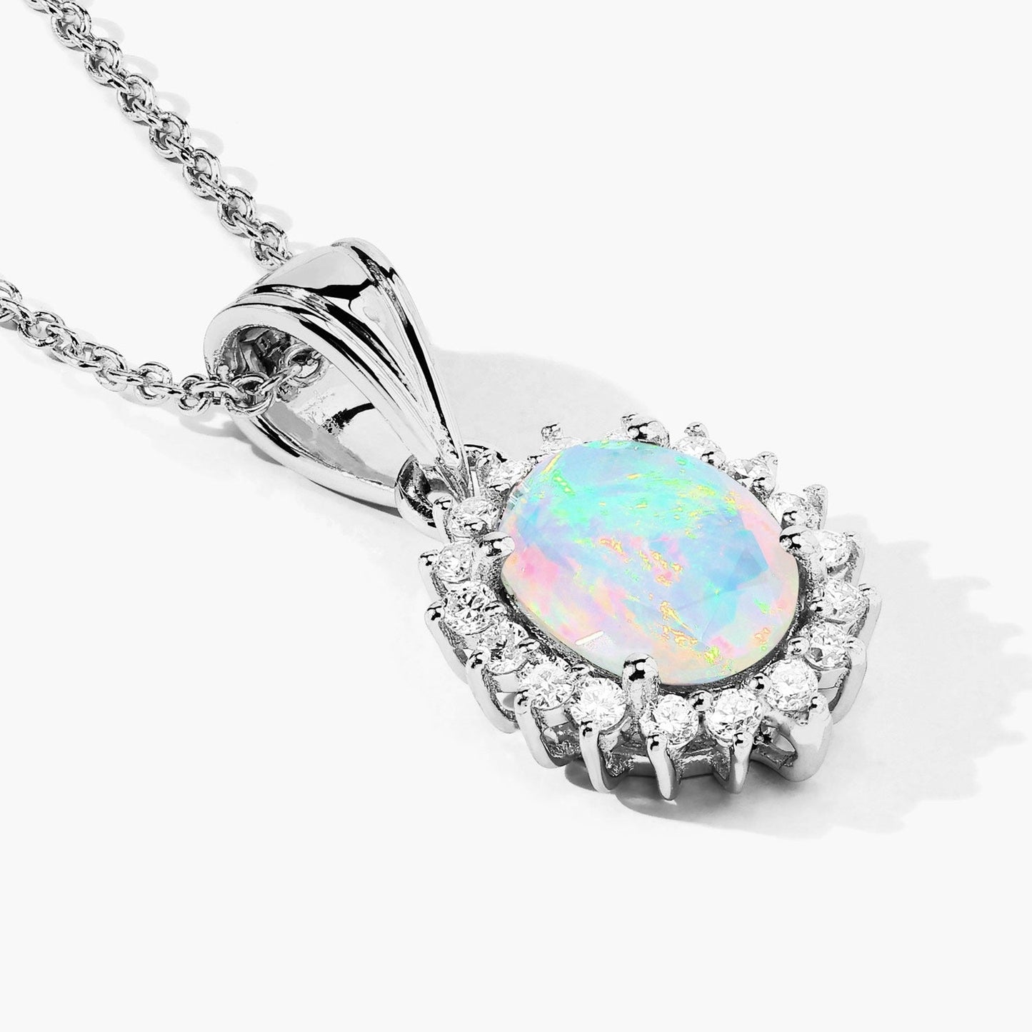 0.90 Ct Oval White Ethiopian Opal & Lab Diamond Prong Silver Halo Pendant Necklace