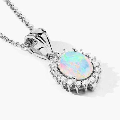 0.90 Ct Oval White Ethiopian Opal & Lab Diamond Prong Silver Halo Pendant Necklace