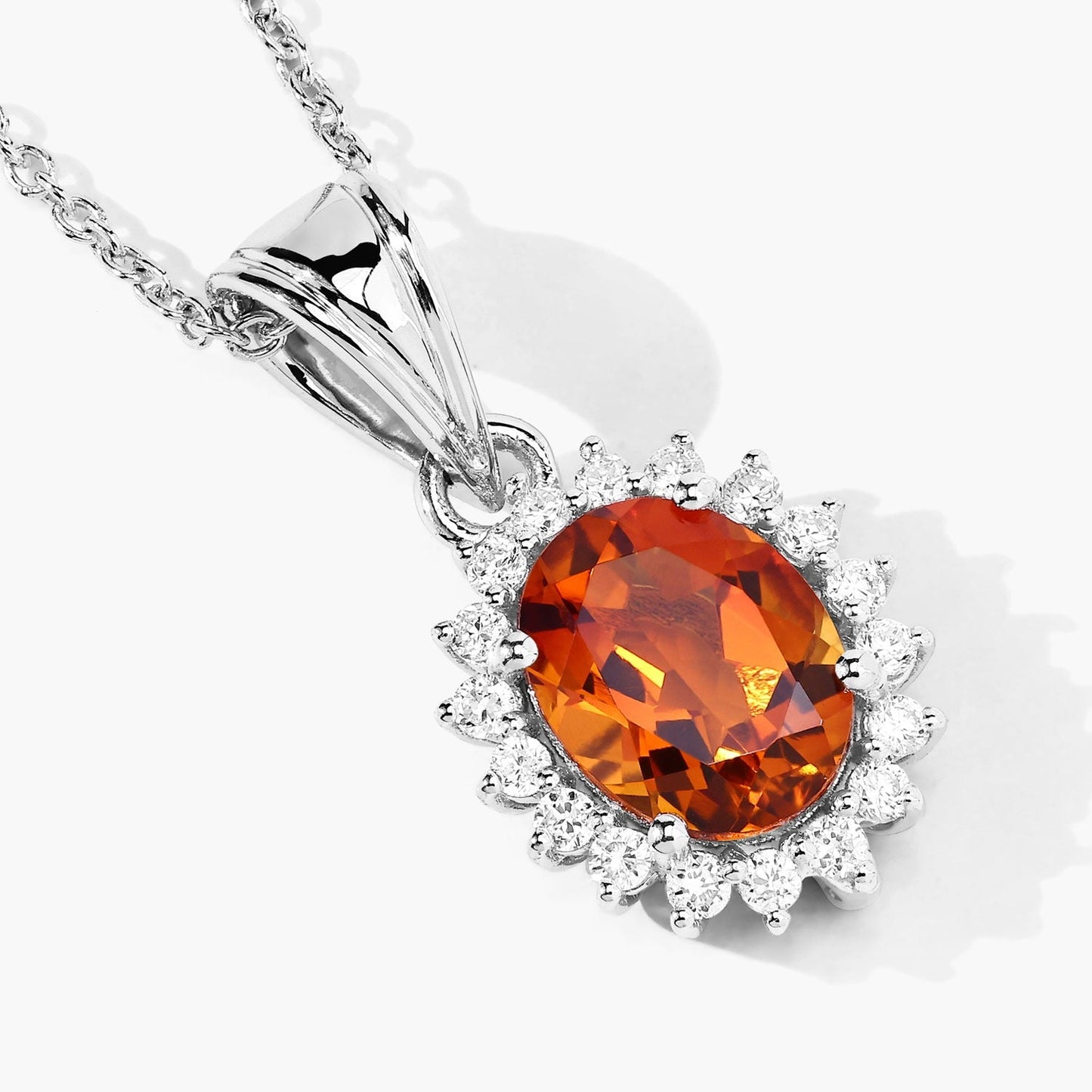 1.70 Ct Oval Orange Madeira Citrine & Lab Diamond Prong Silver Halo Pendant Necklace