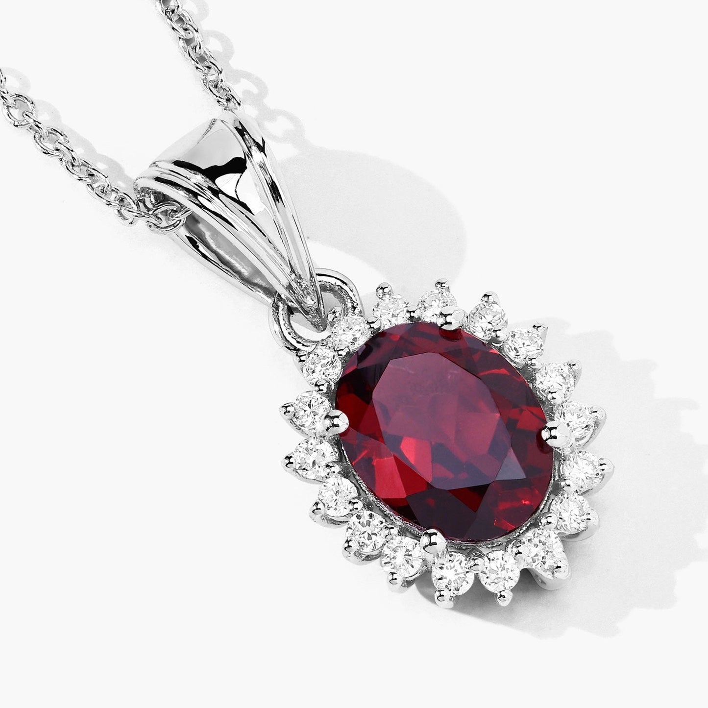 2 Ct Oval Red Mozambique Garnet & Lab Diamond Prong Silver Halo Pendant Necklace