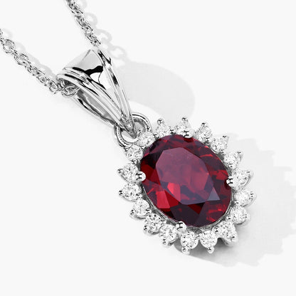 2 Ct Oval Red Mozambique Garnet & Lab Diamond Prong Silver Halo Pendant Necklace
