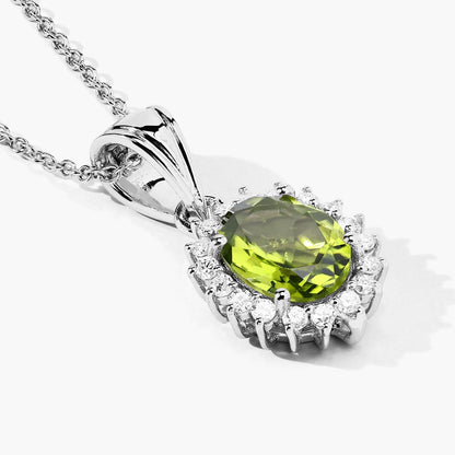 1.70 Ct Oval Green Peridot & Lab Diamond Prong Silver Halo Pendant Necklace