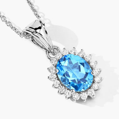 2 Ct Oval Swiss Blue Topaz & Lab Diamond Prong Silver Halo Pendant Necklace