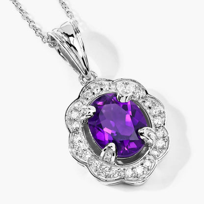 2.20 Ct Oval Purple Amethyst & Lab Diamond Prong Silver Halo Statement Pendant Necklace