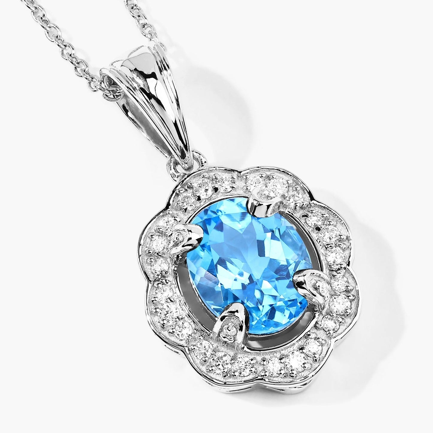 2.55 Ct Oval Swiss Blue Topaz & Lab Diamond Prong Silver Halo Statement Pendant Necklace