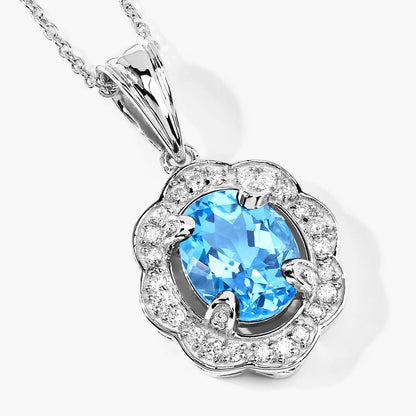 2.55 Ct Oval Swiss Blue Topaz & Lab Diamond Prong Silver Halo Statement Pendant Necklace
