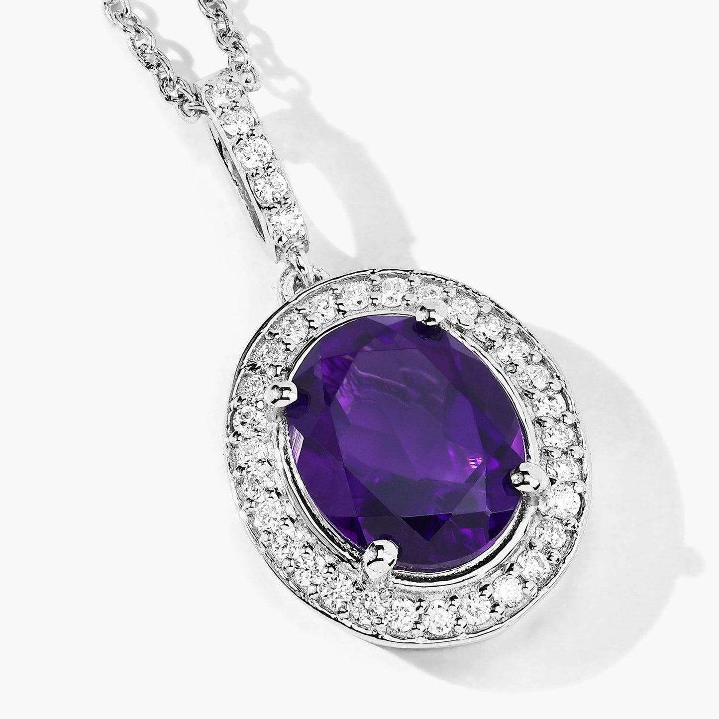 2.20 Ct Oval Purple Amethyst & Lab Diamond Prong Silver Halo Pendant Necklace