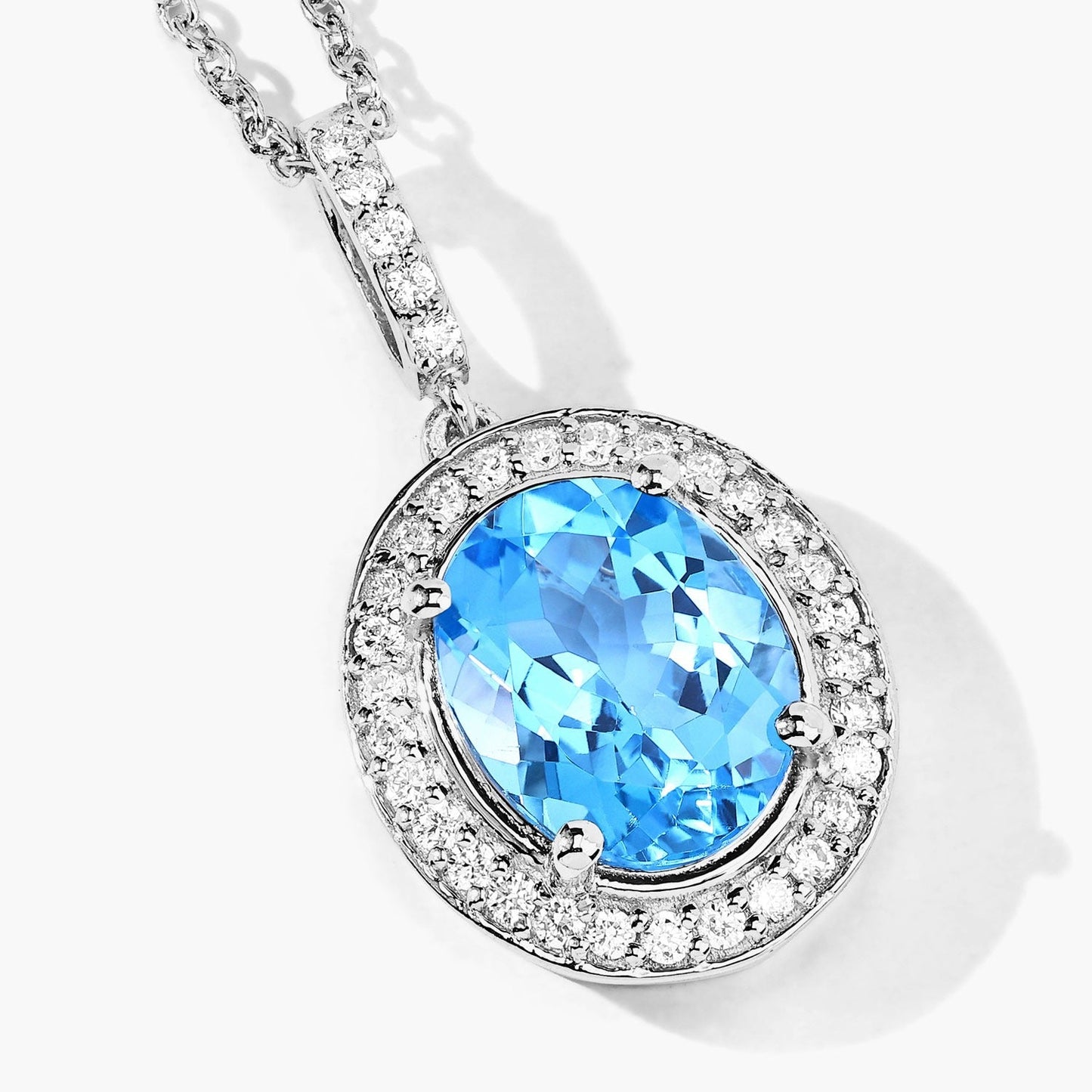 2.55 Ct Oval Swiss Blue Topaz & Lab Diamond Prong Silver Halo Pendant Necklace