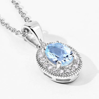 0.60 Ct Oval Blue Aquamarine & Lab Diamond Prong Silver Halo Pendant Necklace