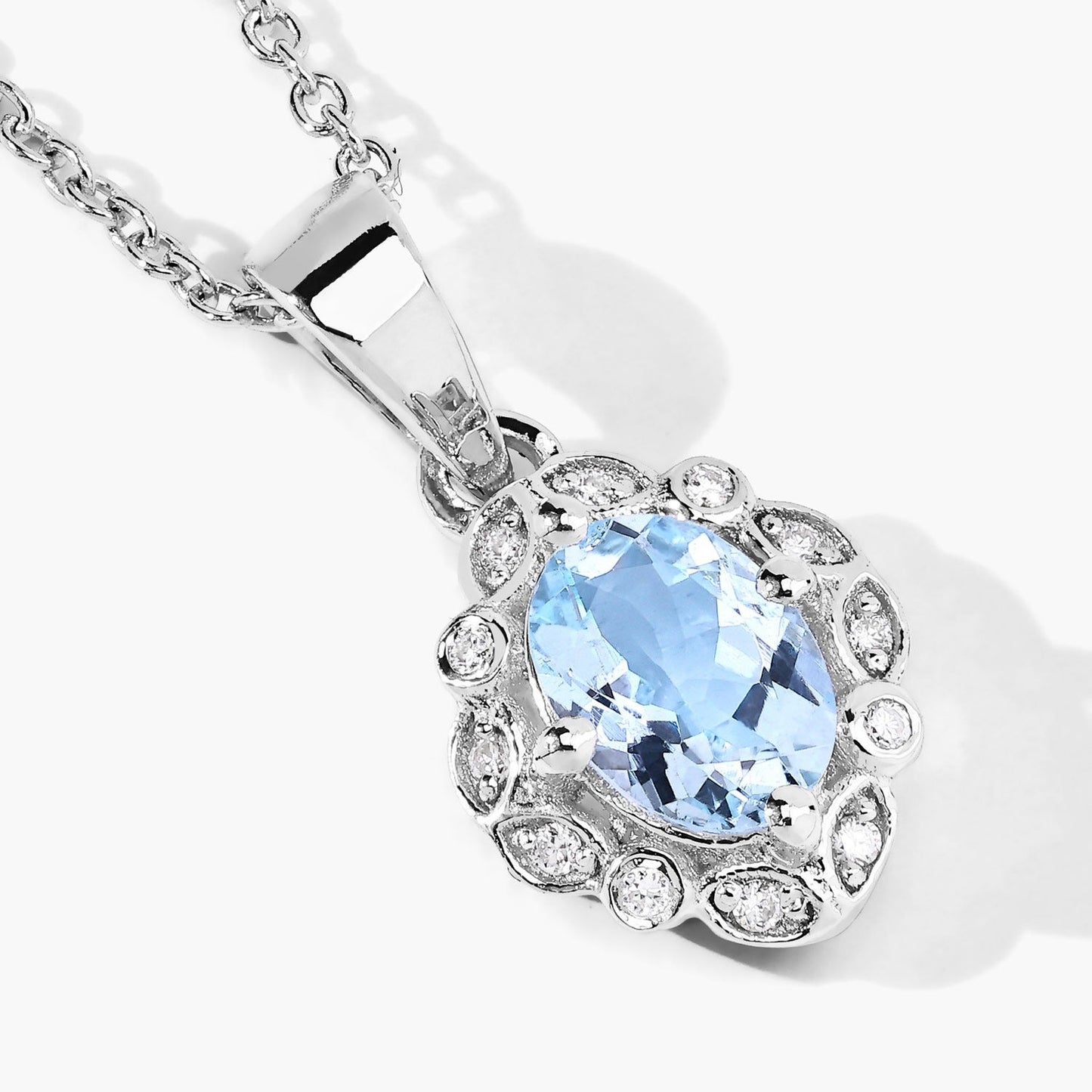 0.60 Ct Oval Blue Aquamarine & Lab Diamond Prong Silver Halo Statement Necklace