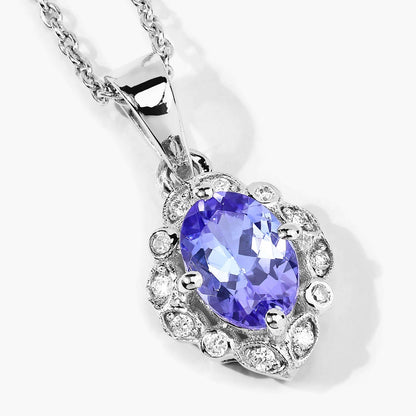 0.75 Ct Oval Violet Tanzanite & Lab Diamond Prong Silver Halo Statement Necklace