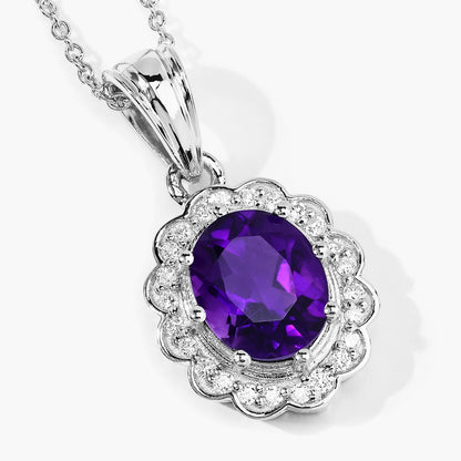 2.20 Ct Oval Purple Amethyst & Lab Diamond Prong Silver Halo Floral Pendant Necklace