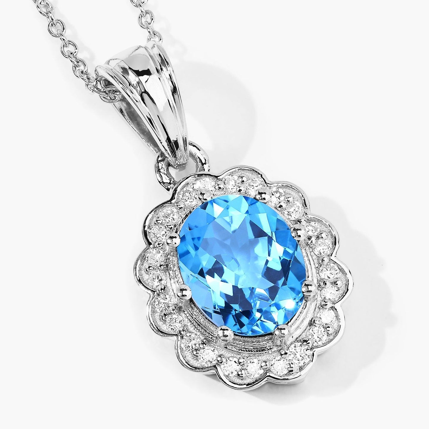 2.55 Ct Oval Swiss Blue Topaz & Lab Diamond Prong Silver Halo Floral Pendant Necklace