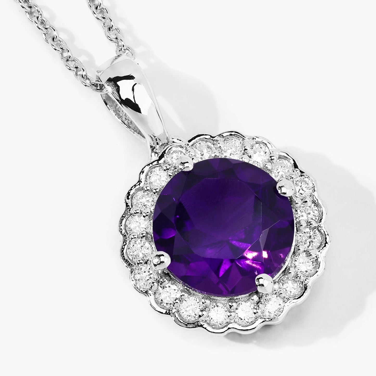 2.40 Ct Round Purple Amethyst & Lab Diamond Prong Silver Halo Floral Pendant Necklace