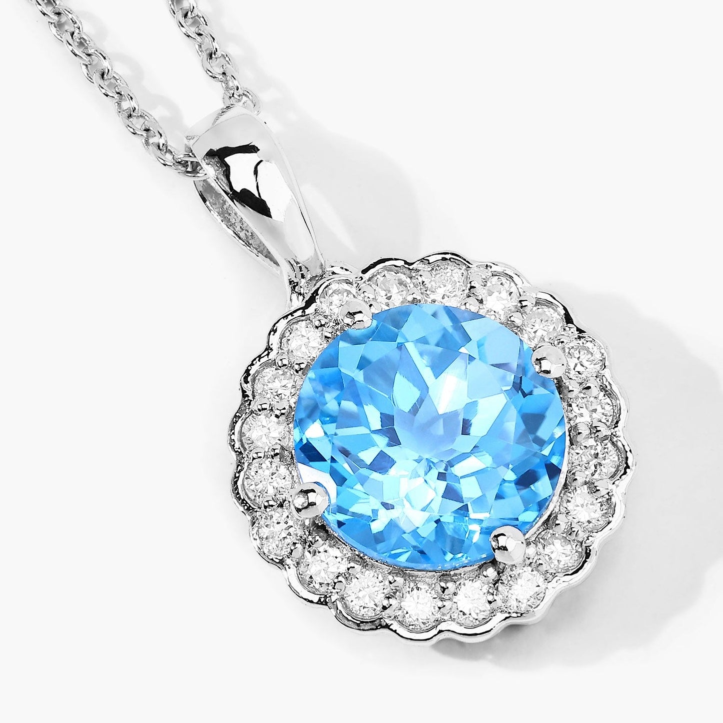 3.75 Ct Round Swiss Blue Topaz & Lab Diamond Prong Silver Halo Floral Pendant Necklace