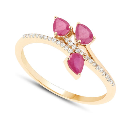 0.60 Ct Pear Pink Ruby & Diamond Prong 14K Yellow Gold Pave Bypass Three Stone Ring