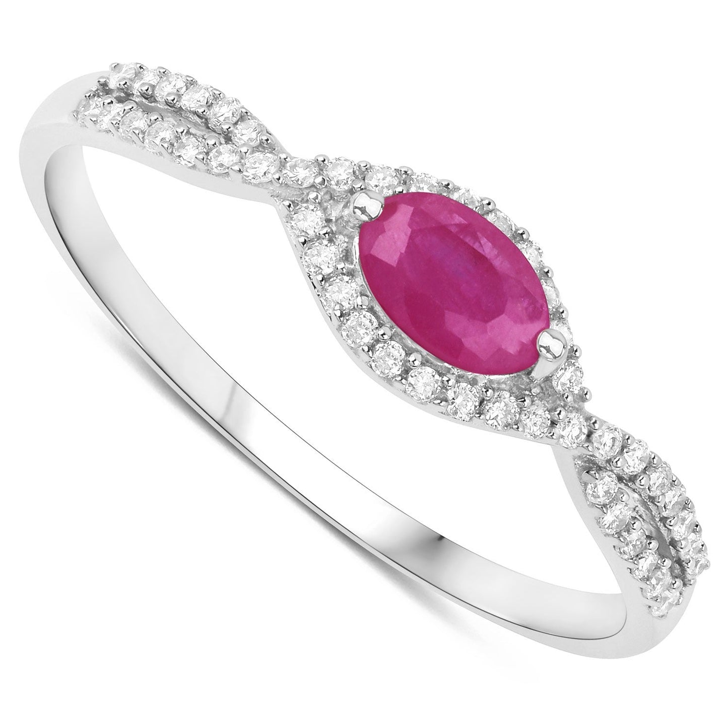 0.27 Ct Oval Pink Ruby & White Diamond Prong 14K White Gold Crossover Halo Ring