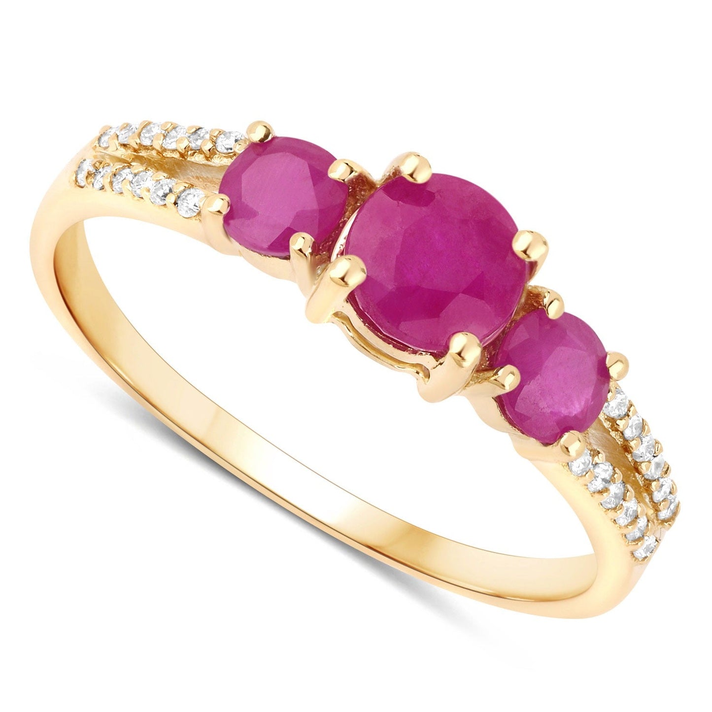 0.95 Ct Round Pink Ruby & Diamond Prong 14K Yellow Gold Pave Three Stone Split Shank Ring