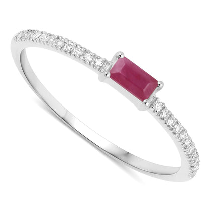 0.16 Ct Baguette Pink Ruby & Diamond Prong 14K White Gold Stackable Pave Ring