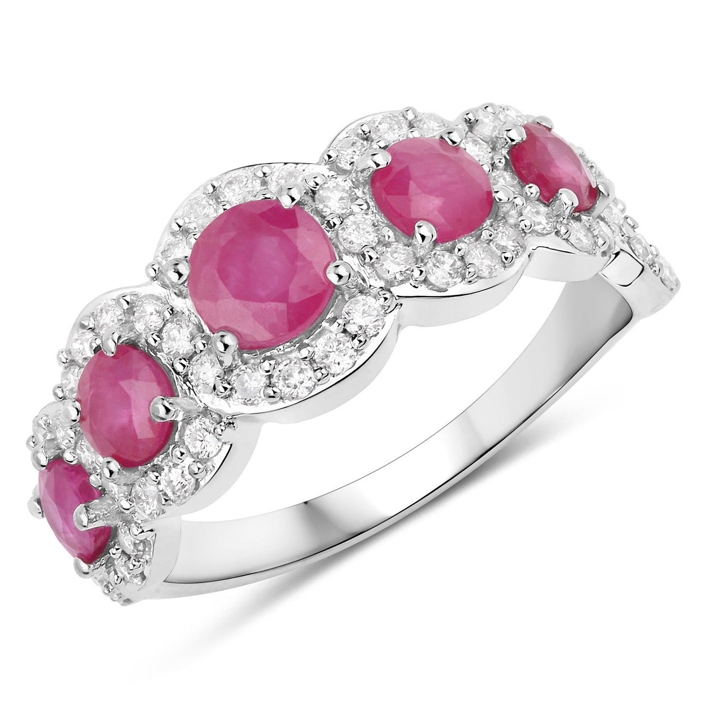 1.45 Ct Round Pink Ruby & Diamond Prong 14K White Gold Five Stone Halo Ring