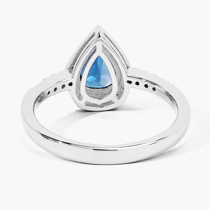 1.15 Ct Pear London Blue Topaz Lab Diamond Prong Silver Halo Pave Bridge Ring