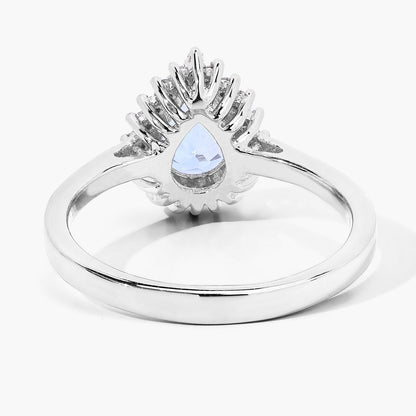 0.83 Ct Pear Blue Aquamarine & Lab Diamond Prong Silver Halo Ring