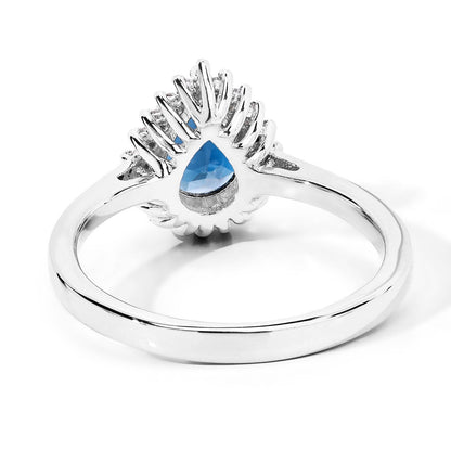 1.15 Ct Pear London Blue Topaz & Lab Diamond Prong Silver Halo Ring