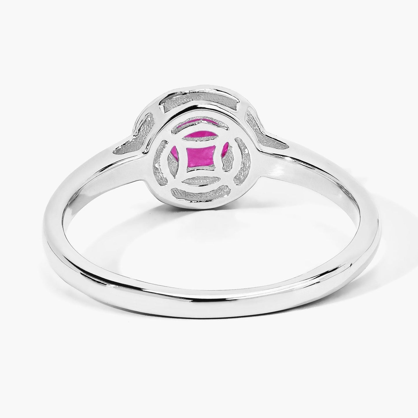 0.55 Ct Round Pink Mozambique Ruby & Lab Diamond Prong Silver Halo Ring