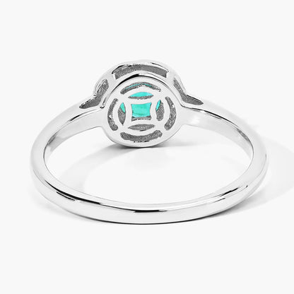 0.42 Ct Round Green Zambian Emerald & Lab Diamond Prong Silver Halo Statement Ring