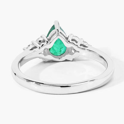 0.65 Ct Pear Green Zambian Emerald and Lab Diamond Prong Silver Cocktail Ring