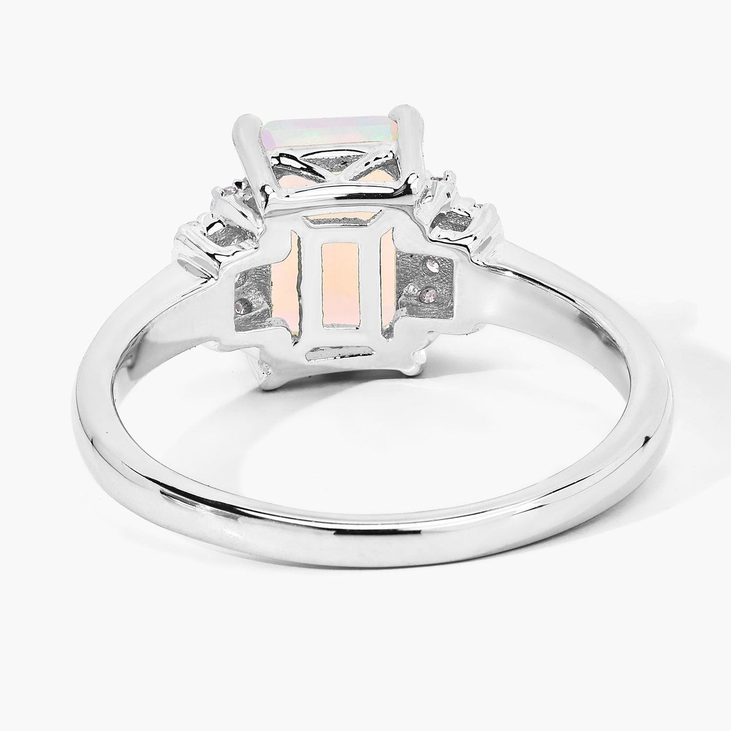 1.05 Ct Octagon White Ethiopian Opal and Lab Diamond Prong Silver Cocktail Ring
