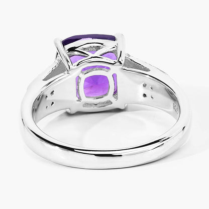 2.60 Ct Cushion Purple Amethyst and Lab Diamond Prong Silver Pave Bridge Ring