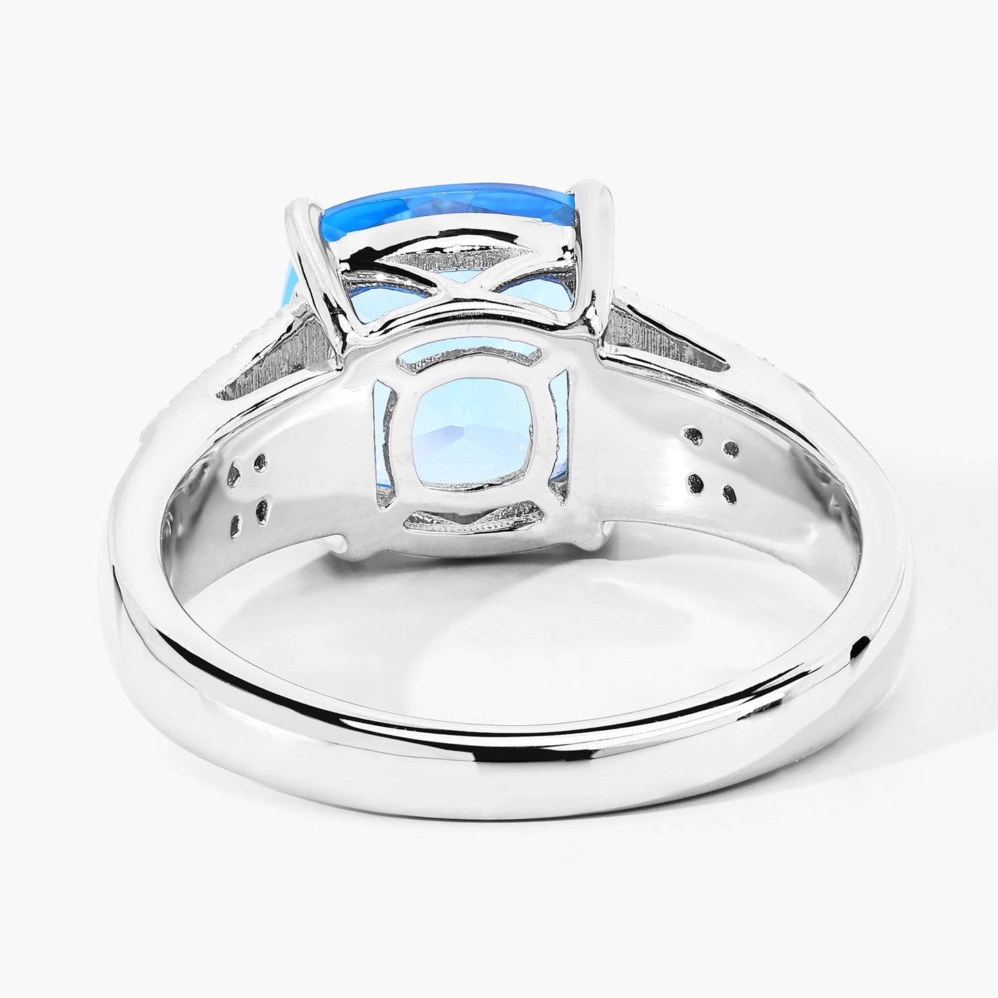 3.40 Ct Cushion Swiss Blue Topaz and Lab Diamond Prong Silver Pave Bridge Ring