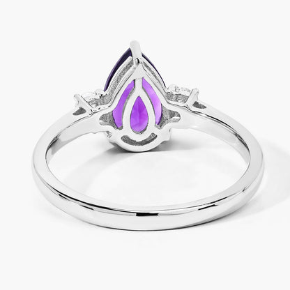 1.15 Ct Pear Purple Amethyst and Lab Diamond Prong Silver Three Stone Ring