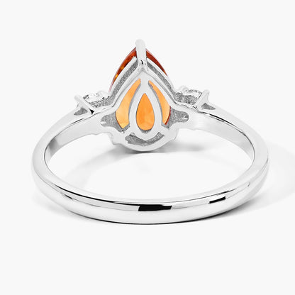 1.05 Ct Pear Yellow Madeira Citrine and Lab Diamond Prong Silver Three Stone Ring