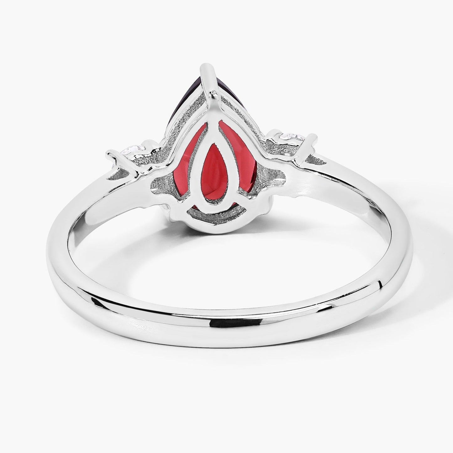 1.30 Ct Pear Red Mozambique Garnet and Lab Diamond Prong Silver Three Stone Ring
