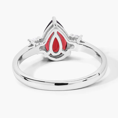 1.30 Ct Pear Red Mozambique Garnet and Lab Diamond Prong Silver Three Stone Ring