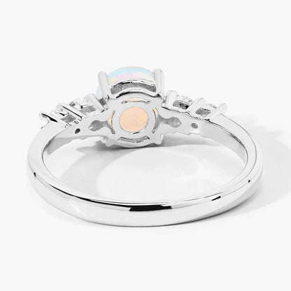 0.60 Ct Round White Ethiopian Opal and Lab Diamond Silver Prong Five Stone Ring