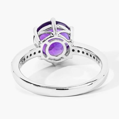 2.40 Ct Round Purple Amethyst and Lab Diamond Prong Silver Pave Bridge Ring