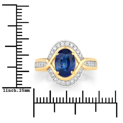 2.37 Ct Oval Ceylon Blue Sapphire and White Diamond Prong 18K Yellow Gold Pave Halo Statement Ring