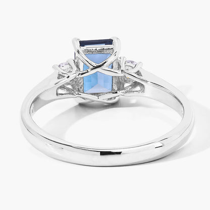 1.07 Ct Octagon London Blue Topaz and Diamond Prong Silver Three Stone Ring