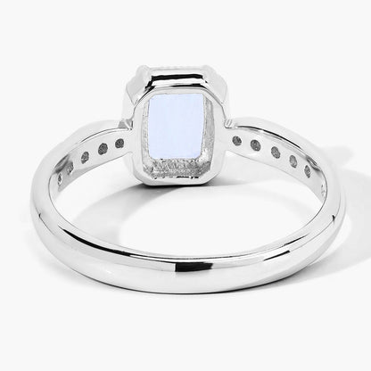 0.80 Ct Octagon Blue Aquamarine and Lab Diamond Prong Silver Pave Bridge Ring