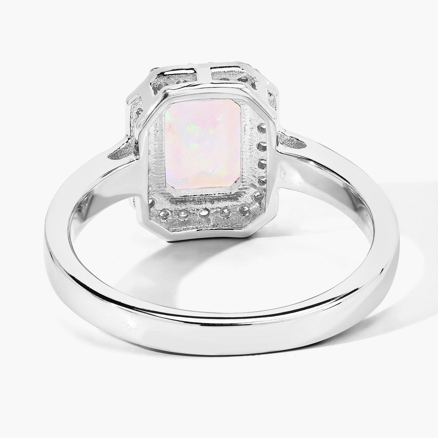 1.05 Ct Octagon Ethiopian Opal and Lab Diamond Prong Silver Halo Ring