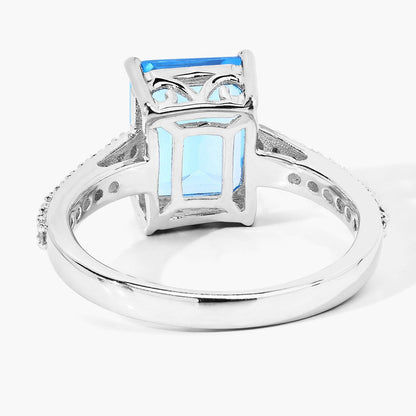 3.89 Ct Octagon Swiss Blue Topaz & Lab Diamond Prong Silver Pave Bridge Ring
