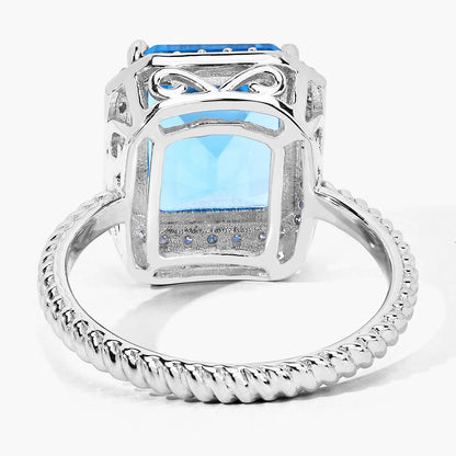 5.45 Ct Octagon Swiss Blue Topaz and Lab Diamond Prong Silver Halo Ring