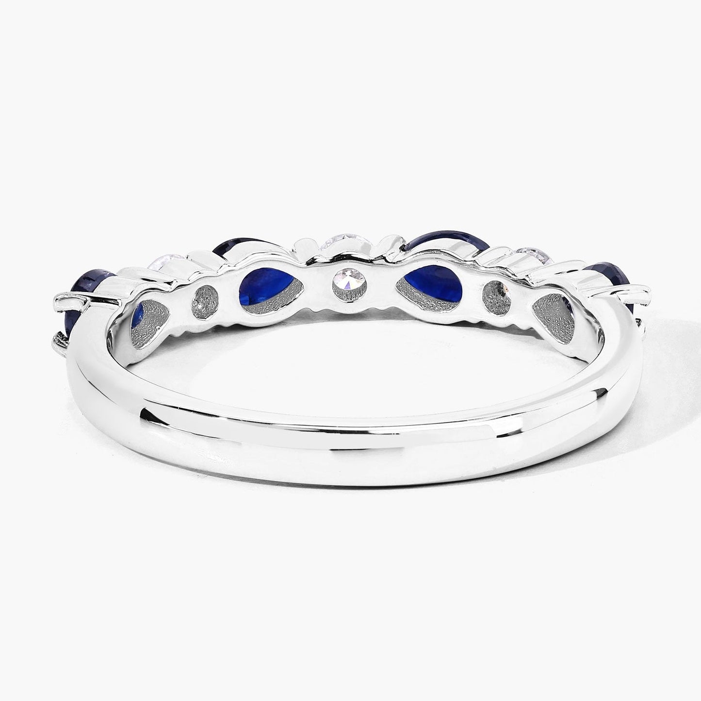 0.80 Ct Pear Blue Sapphire and Lab Diamond Prong Silver Seven Stone Half Eternity Ring